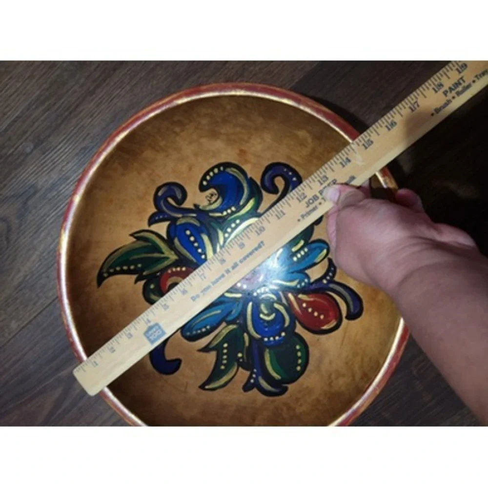 Hand Painted Wooden Decorative Bowl Large Brown Floral Rustic Primitive Unmarked